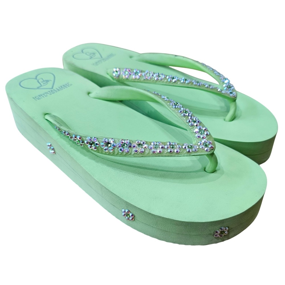 Lady Lanell Sandals Flip Flops Women Size 9 Lime‎ Green Swarovski Crystal Y2K